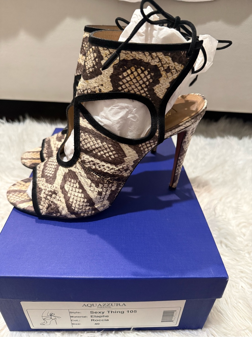 Aquazzura Sexy Thing 105 Snakeskin Heels Size 40 Lace-Up Cutout Sandals